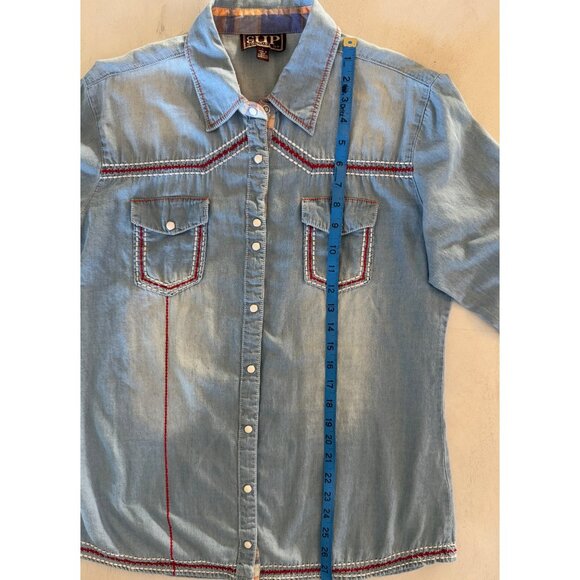 Cowgirl Up Womens Size L Soft Cotton Blue Chambray Western Blouse Embroidered - Picture 7 of 9